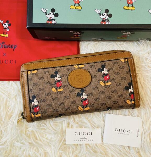 極美品＊GUCCI グッチ 長財布 gg ディズニーコラボ ラウンドファスナー ジップ ミッキー キャメル ブラウン Disney mickey 箱カード付属品