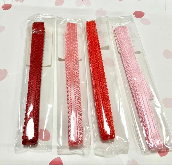 レース 片面サテン リボン 10mm 2m×4 ピンク レッドセット 