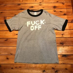 Tシャツ FUCK OFF リンガーTシャツ　面白Tシャツ GILDAN アメリカ古着　グレー　Lサイズ