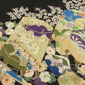 平和屋1■極上 アンティーク 大正ロマン 振袖 相良刺繍 貝桶貝合わせ枝花文 黒地 金糸 逸品3s20767の画像5