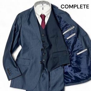 【超美品】メンズメルローズMELROSE×COMPLETスリーピースシャドーストライプネイビー 光沢感（男の佇まい）Lサイズ位