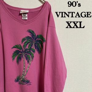 90s スウェット　トレーナー　XXL 古着　ピンク　ヤシの木プリント　ラメ　90's vintage ヴィンテージ