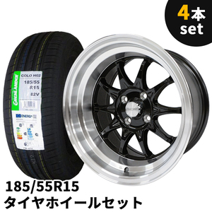 タイヤホイール 4本セット 185/55R15 15インチ 8J +0 4H PCD100 10本スポーク ブラック 深リム