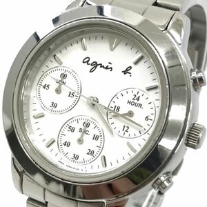 agnes b アニエスベー 腕時計 V654-6100 クオーツ アナログ ラウンド ホワイト シルバー クロノグラフ シンプル 電池交換済み 動作確認済み