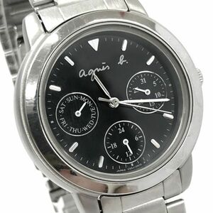 agnes b アニエスベー 腕時計 V33J-0010 クオーツ アナログ ラウンド ブラック シルバー トリプルカレンダー 電池交換済 動作確認済