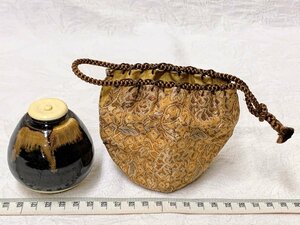 13566/京都袋師遺品 茄子型 茶入 仕覆付 茶道具 茶器 名物裂 陶器