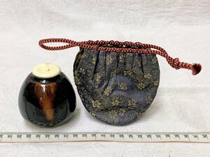 13561/京都袋師遺品 茄子型 茶入 仕覆付 茶道具 茶器 名物裂 陶器