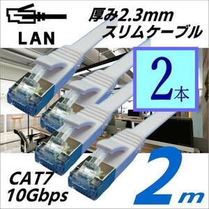 スリムフラットLANケーブル 【2本】 2m Cat7 高速転送10Gbps RJ45コネクタツメ折れ防止 ノイズ対策シールドケーブル 7SM02x2