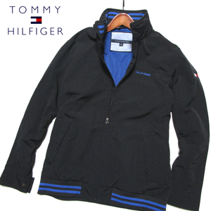 【トミーヒルフィガー】 スタンドカラー　ジップジャケット　フード格納　ナイロンツイル　ブラック （L） 衿ロゴ　春物　TOMMY HILFIGER