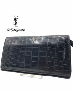 IVSan Laurent Brand Black Long Wallet Crocodile Men's Ladies Fashionable
