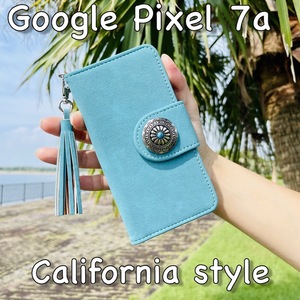 Google Pixel 7a レザーケース☆フリンジ/スエード&コンチョ☆グーグル ピクセル 7a 手帳型カバー☆