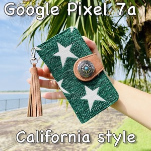 Google Pixel 7a レザーケース☆西海岸スタイル☆星柄&コンチョ☆手帳型カバー☆