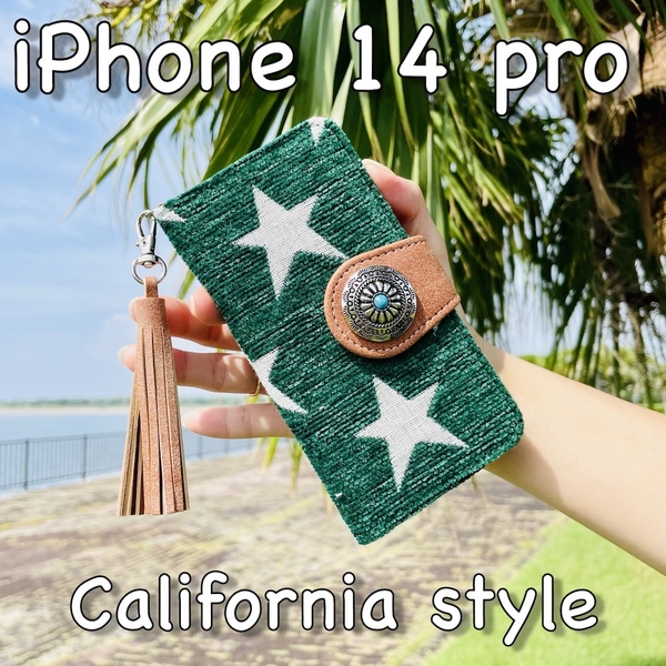 iPhone 14 Pro レザーケース☆西海岸スタイル 星柄&コンチョ☆アイフォン手帳型カバー☆