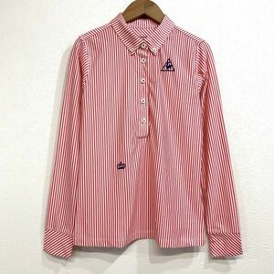 美品 le coq sportif golf ルコックスポルティフゴルフ ストライプ 刺繍 長袖 ポロシャツ レディーズ Sサイズ レッド ホワイト GOLF