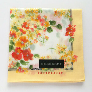 バーバリー / BURBERRY ハンカチ　朱オレンジ花柄　花芯ラメ加工　白生地　クリームふち　大判58cm【6078】