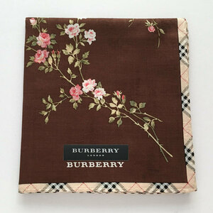 バーバリー / BURBERRY　ハンカチ　薔薇の花柄　透かし入り茶色生地　ノバチェックふち　和装【6067】