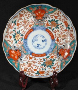 古伊万里 染付 金彩 色絵 花唐草文 花尽し 牡丹に鶴 富貴長春 花鳥図 22cm 輪花 中皿 江戸後期 bvupci-59a3373k