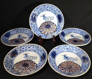 大聖寺伊万里 染付 金彩 色絵 微塵唐草文 角福 菊花図 18cm 中皿 ５客揃 茶道具 江戸期 b-19a3419