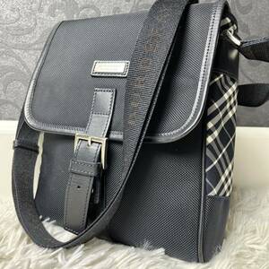 1円【美品】BURBERRY バーバリーブラックレーベル ショルダーバッグ ノバチェック ナイロン レザー ブラック メンズ 斜め掛け ロゴプレート