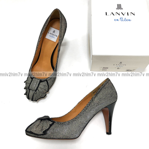 【LANVIN en Bleu　ランバン オン ブルー】レースデザインパンプス　ハイヒール　リボン　アーモンドトゥ　ブラック ヒール9㎝オケージョン