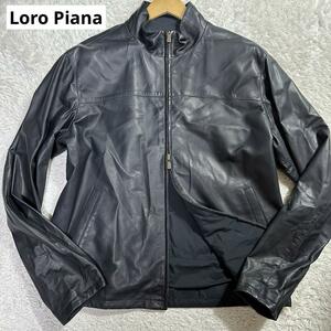 極美品/XXL Loro Piana ロロピアーナ シングルライダースジャケット ラムレザー 羊革 リバーシブル 2way ダブルジップアップ ネイビー