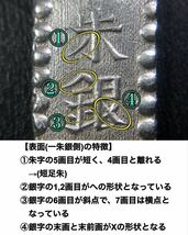 R、古銭 【安政一朱銀】Lj型☆(表)短足朱へ山銀 (裏) 縦点短柱座_画像4