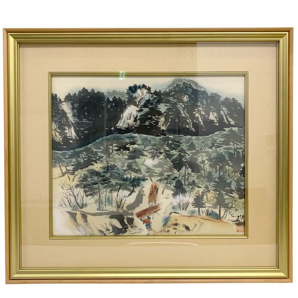 24-563【送料着払い/付属品〇】小松均 ｢春岩松山大原女図｣ 日本画 風景画 絵画 アート 絵本体:約510x425mm アンティーク コレクション, 絵画, 日本画, 山水, 風月