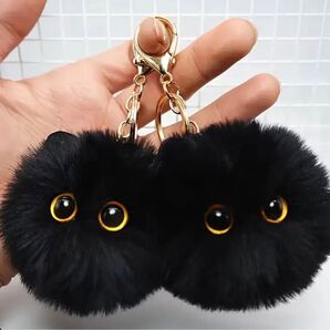【送料込】【新品未使用】まんまる黒猫くろねこぬいぐるみキーホルダー(3つ) バッグチャーム ファーチャーム ふわふわ ファー