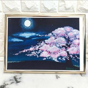 印刷　油彩画　夜桜　風景画 風景 額付絵画