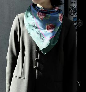 定価24,200円 新品 LASTFRAME ラストフレーム ROSE SCARF 90cm×90cm GREEN×BLUE ローズ柄 ジャカード シルク スカーフ