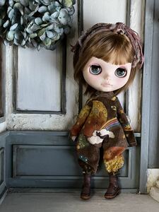 猫ときのこと林檎のロンパース 7 ブライスさんのお洋服　* アウトフィット * 洋服 * Blythe * ブライス サイズ * outfit *