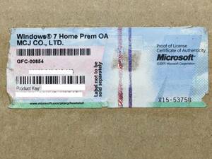 A12341)MCJ CO.,LTD Windows 7 Home Prem OA 正規プロダクトキーシール 1枚