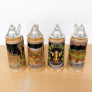 736*GERZ Bierseidel ドイツ製 陶器 ビアマグ ビールジョッキ 蓋付き 4点セット 未使用品