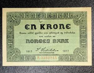 レア 1917年 ノルウェイ 1クローネ 紙幣 本物保証 クリップ錆染みあり 極美品 