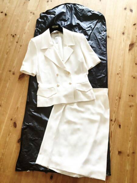 【CELINE】セリーヌ　オールドセリーヌ　ダブル　テーラードジャケット/スカート　半袖スーツ　セットアップ　ホワイト　白　38