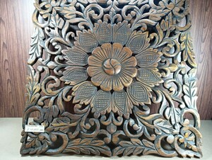フラワーデザインレリーフ四角 1枚 インテリア壁掛け バリ島 インドネシア 木彫り 木製彫刻3