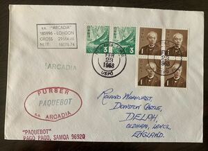 パックボー　1968年　Arcadia号より、サモア投函　英国宛て　P&O社封筒使用　1円　前島　3円　ホトトギス