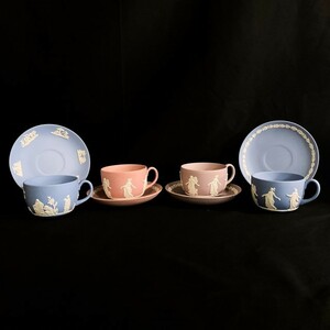 【WEDGWOOD 4客】ウェッジウッド ジャスパー カップソーサー 6人の踊り子×3 キューピッドの捧げもの×1 ブルー ピンク パープル J1151