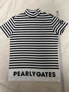 PEARLY GATESパーリーゲイツ☆半袖Tシャツ☆ボーダー柄ネックTシャツ☆サイズ2☆レディースゴルフウェア☆PG☆ホワイト×ブラックネイビー