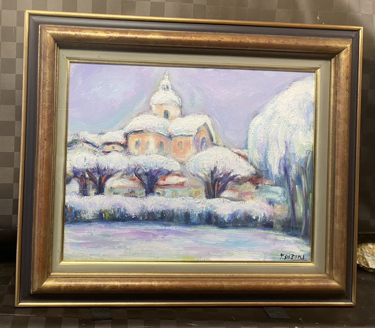 Pintura al óleo auténtica Yasuo Suzuki [Invierno en Provins] No. F6 Pintura de paisaje Ganador del premio Ministro de Educación Miembro de Le Salon Frame Frame Interior, cuadro, pintura al óleo, Naturaleza, Pintura de paisaje