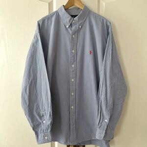 Ralph Lauren ラルフローレン ギンガム チェック 長袖 シャツ ブルー XL ボタンダウン 大きいサイズ ビッグシルエット ポニー刺繍