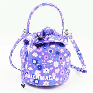 69545★1円スタート★BALENCIAGA バレンシアガ 未使用品 小花柄 花 フラワー プリント 巾着バッグ 斜め掛けOK ショルダーバッグ パープル