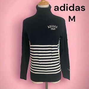 美品　adidas アディダス　M ゴルフ　ニット　セーター　タートルネック　紺　ボーダー トップス 長袖