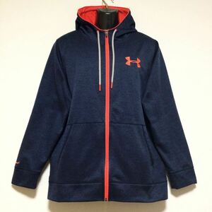 美品☆UNDER ARMOUR/アンダーアーマー☆ストーム☆スウェット/パーカー☆ジップ/裏起毛/ジャケット/ジャージ/ネイビー×オレンジ/大きめ/XL