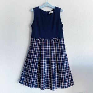 美品 MOONONNON フレアワンピース ドッキングワンピース チェックワンピース ネイビー 卒服 フォ－マル 150cm