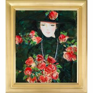 油彩画　中島裕子 「バラのガーデン」 F10号　額付き　真筆　油絵　人物画　美人画　肉筆　手描き　作家サインあり　薔薇　庭園