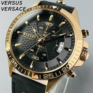 ヴェルサス ヴェルサーチ 腕時計 メンズ ケース付属 新品 ゴールド ベルサーチ メンズ クォーツ 電池式クロノグラフ ブラック レザーバンド