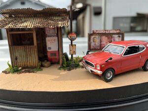 昭和の想い出　とある田舎の風景　1/32バス停ジオラマ 完成品　ホンダZ360