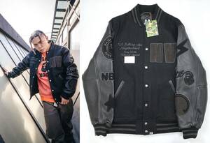 【50着限定 22AW 新品】APE × NEIGHBORHOOD VARSITY JACKET NUMBERING EXCLUSIVE 袖レザー スタジャン L ブラック エイプ ネイバーフッド