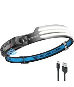 Smiling Shark 充電式 LED ヘッドライト USB充電可能 3 倍高輝度アウトドアヘッドランプ 230°広角照明 IPX4 防水防塵 8時間連続使用可能